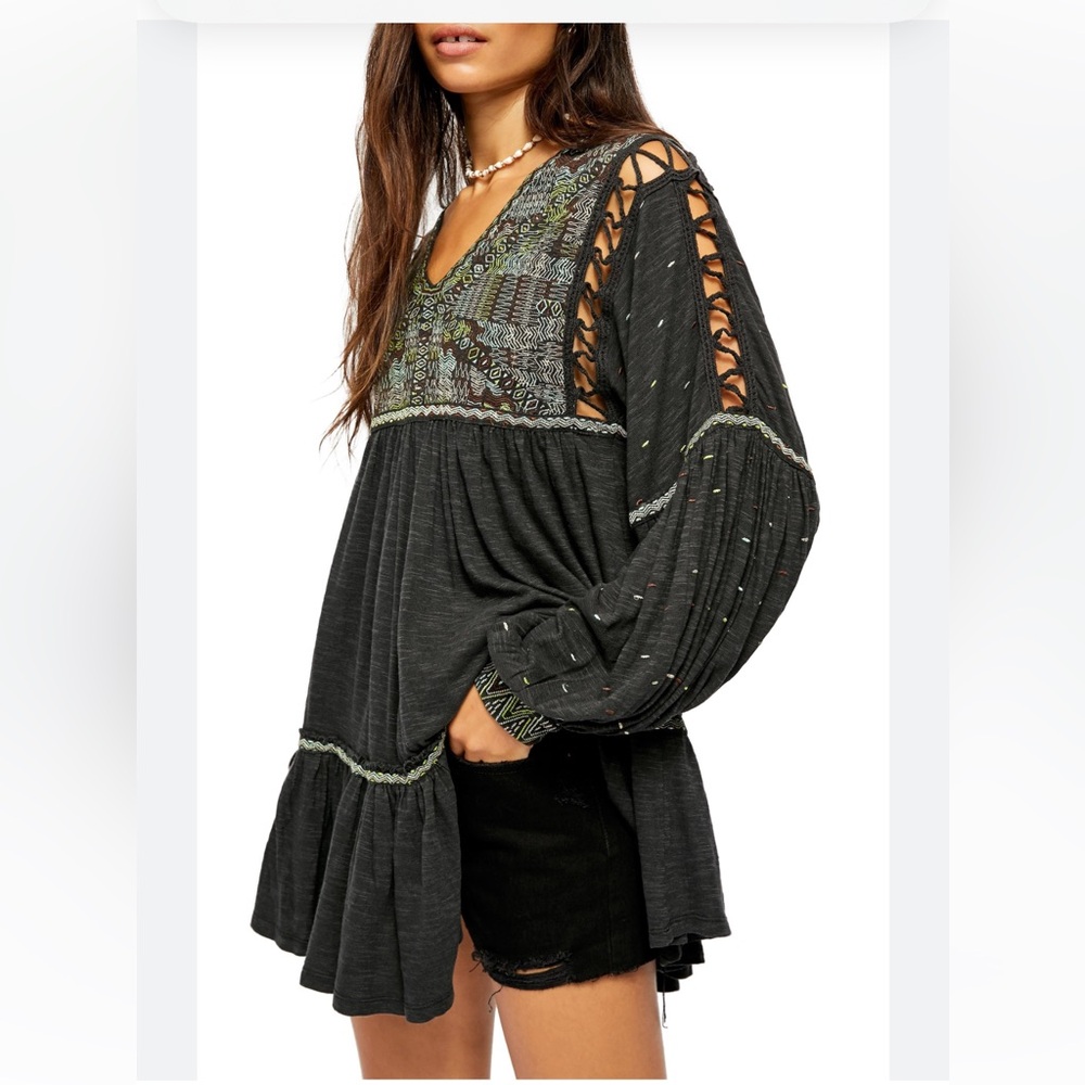 Free People Embroidered Much Love Tunic-Dress - Crochet Trim - Small